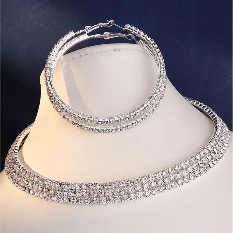 Fashion Wedding Jewellery For Women Shining Rhinestone Chunky Necklace Hoop Earrings Sets