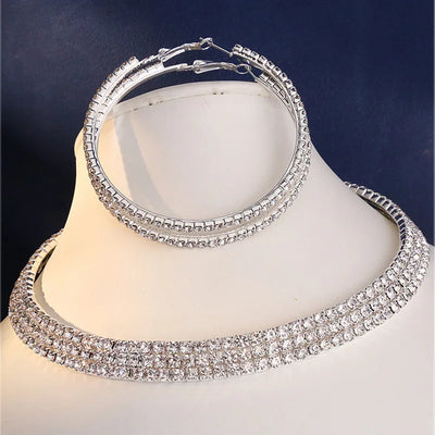 Fashion Wedding Jewellery For Women Shining Rhinestone Chunky Necklace Hoop Earrings Sets