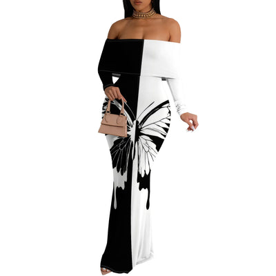 Plus Size Butterfly Floral Off Shoulder Maxi Dress