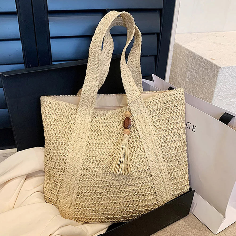 Hand-Woven Handbags Summer Ladies Woven Bag Fashion Handmade Simple Large Capacity with Tassel Pendant Shopping Handbag Tote