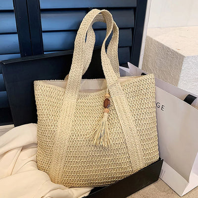 Hand-Woven Handbags Summer Ladies Woven Bag Fashion Handmade Simple Large Capacity with Tassel Pendant Shopping Handbag Tote