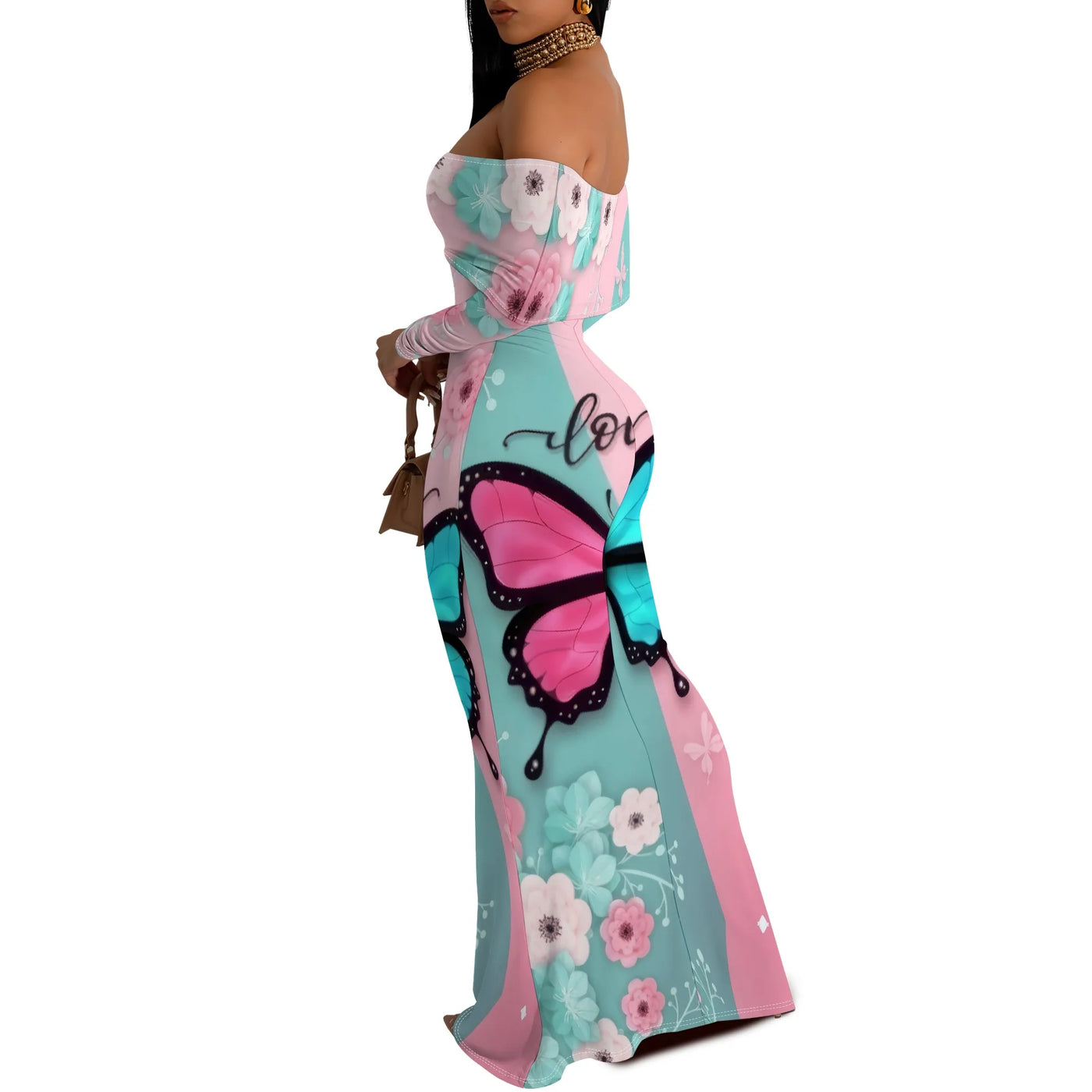 Plus Size Butterfly Floral Off Shoulder Maxi Dress