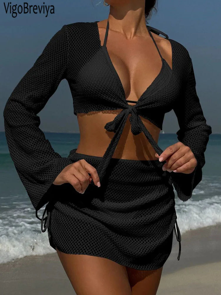 4 Piece Halter Cover Up Bikini Set