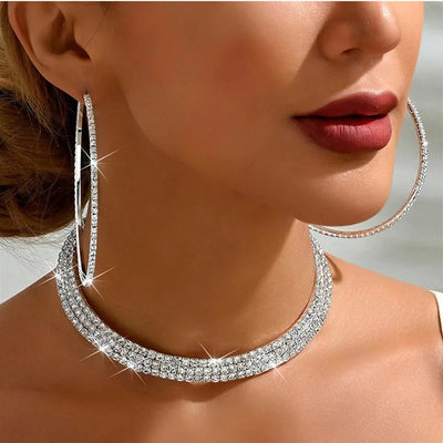 Fashion Wedding Jewellery For Women Shining Rhinestone Chunky Necklace Hoop Earrings Sets