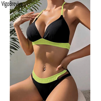 Patchwork Halter Bikini with High Cut Backless Design
