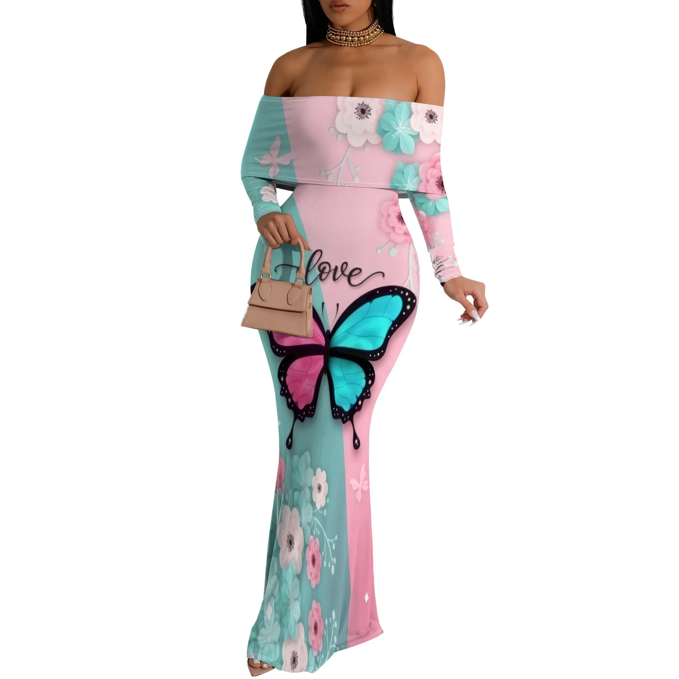 Plus Size Butterfly Floral Off Shoulder Maxi Dress