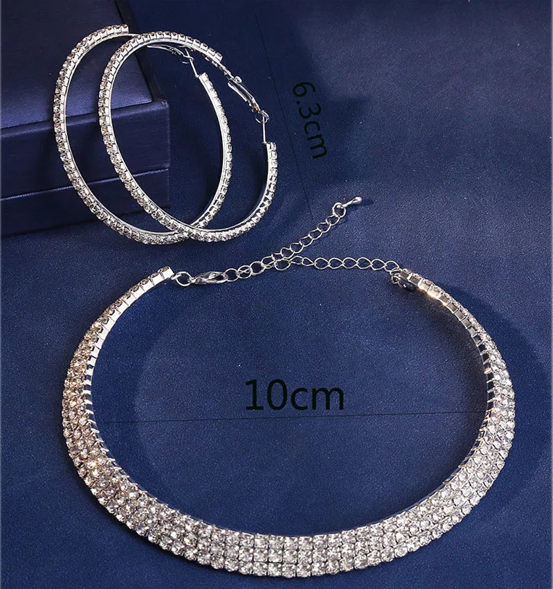 Fashion Wedding Jewellery For Women Shining Rhinestone Chunky Necklace Hoop Earrings Sets