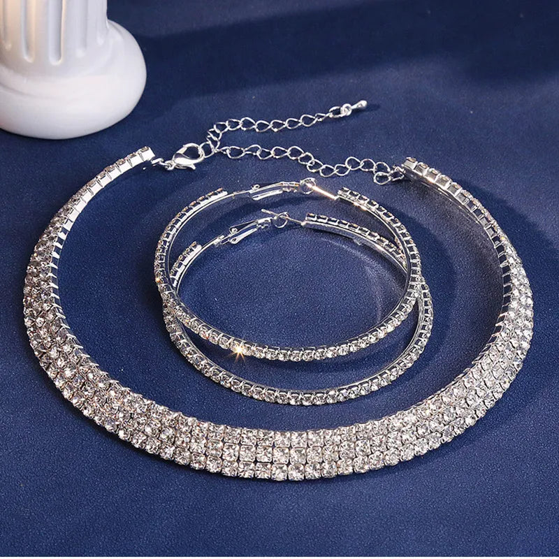 Fashion Wedding Jewellery For Women Shining Rhinestone Chunky Necklace Hoop Earrings Sets