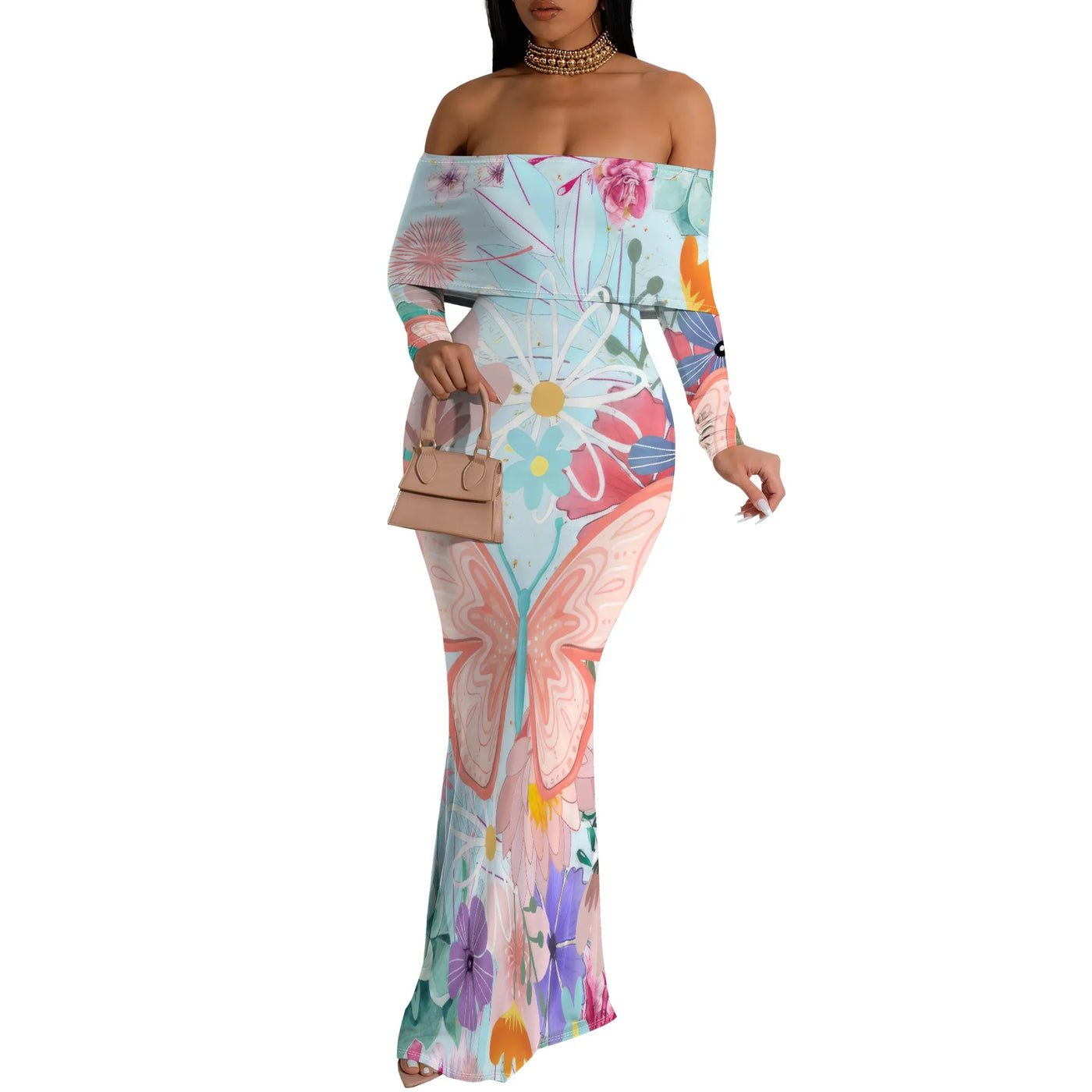 Plus Size Butterfly Floral Off Shoulder Maxi Dress