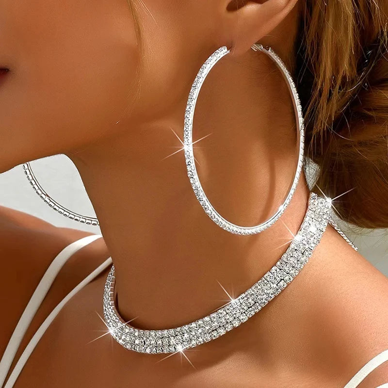 Fashion Wedding Jewellery For Women Shining Rhinestone Chunky Necklace Hoop Earrings Sets