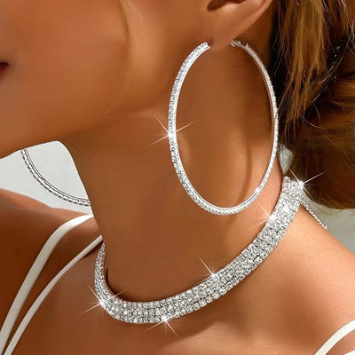 Fashion Wedding Jewellery For Women Shining Rhinestone Chunky Necklace Hoop Earrings Sets