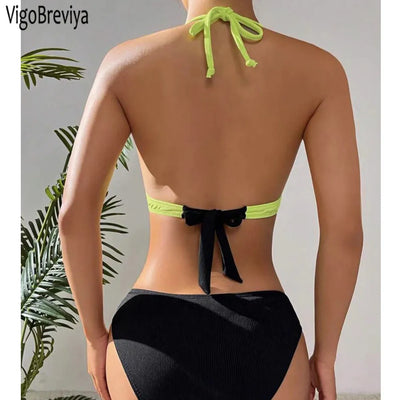 Patchwork Halter Bikini with High Cut Backless Design