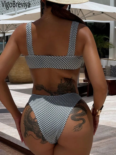 Plaid Print Thong Bikini with Push Up
