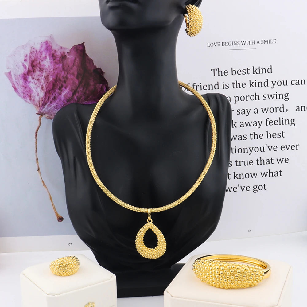 Arab Luxury Gold Plated Bracelet Ring Earrings Necklace for Women Fashion Design Wedding Jewellery Gift