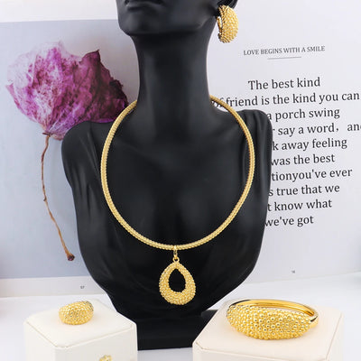 Arab Luxury Gold Plated Bracelet Ring Earrings Necklace for Women Fashion Design Wedding Jewellery Gift