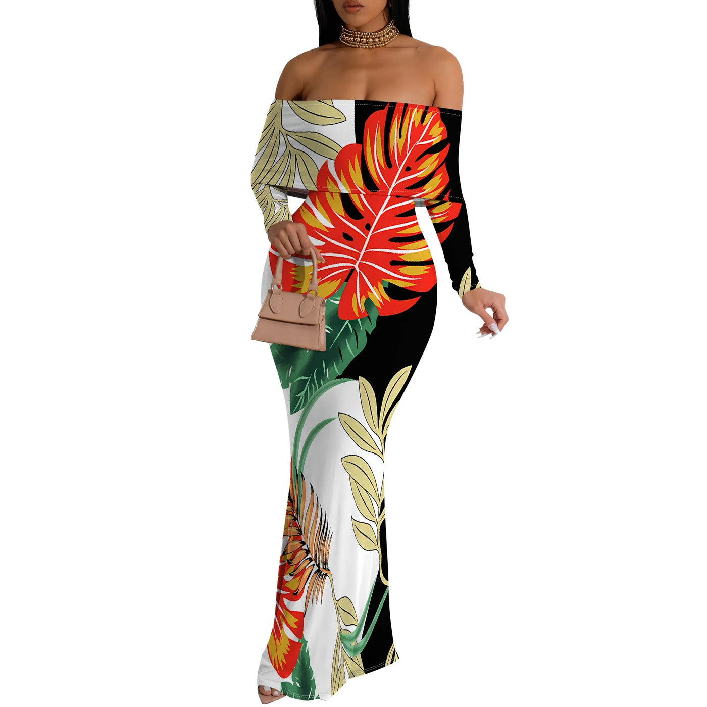 Plus Size Butterfly Floral Off Shoulder Maxi Dress
