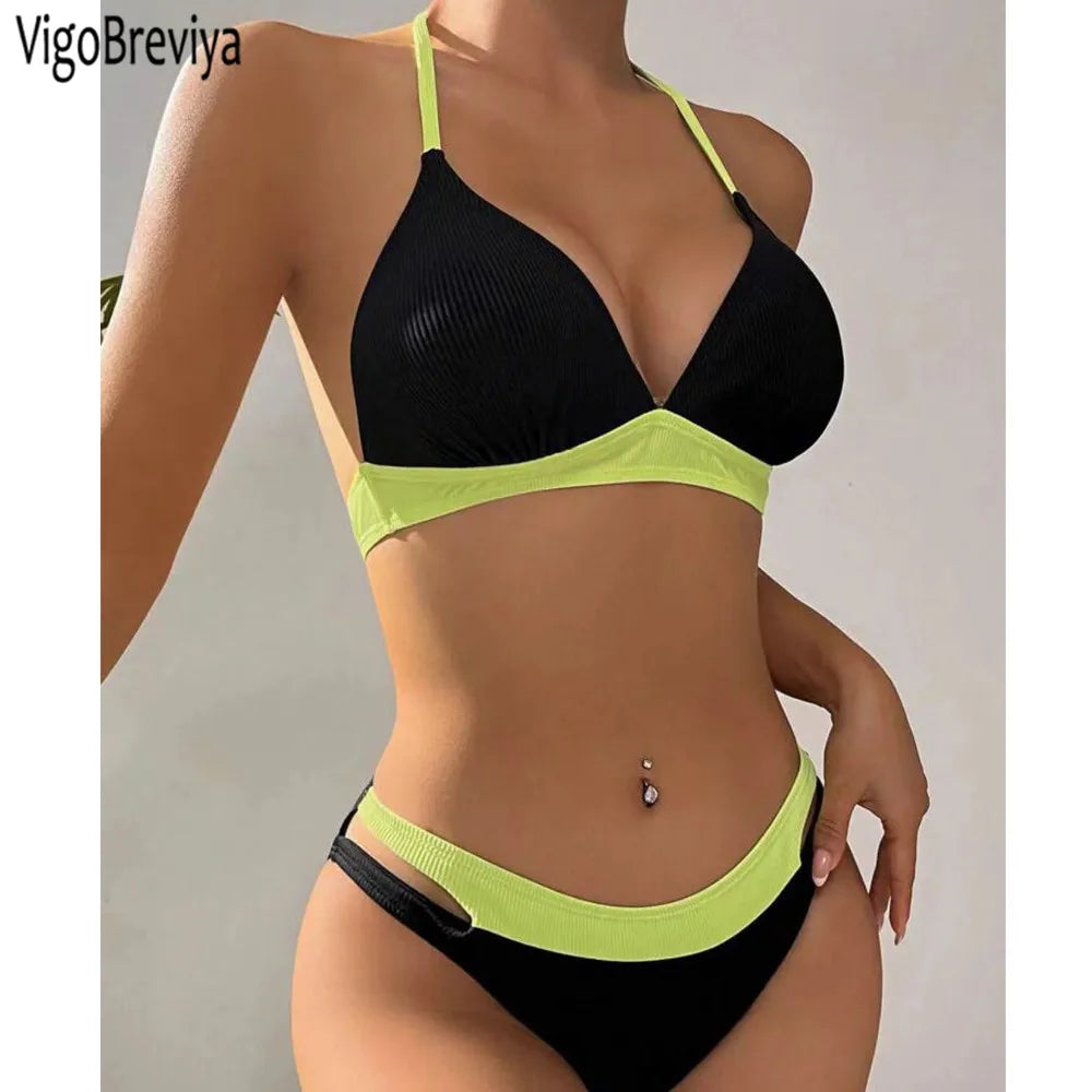 Patchwork Halter Bikini with High Cut Backless Design