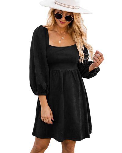 Black Suede Square Neck Puff Sleeve Dress - Large