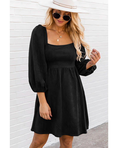 Black Suede Square Neck Puff Sleeve Dress - Large