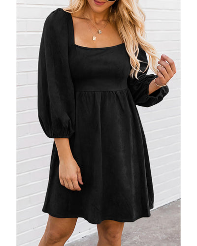 Black Suede Square Neck Puff Sleeve Dress - Large