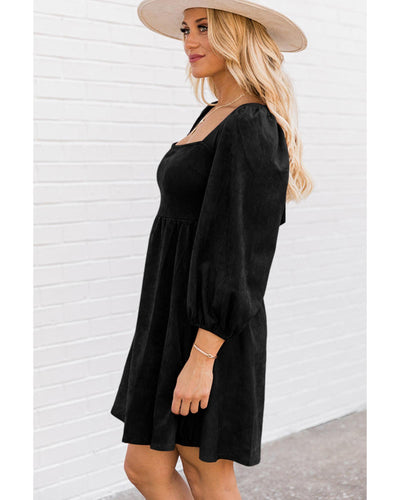 Black Suede Square Neck Puff Sleeve Dress - Large