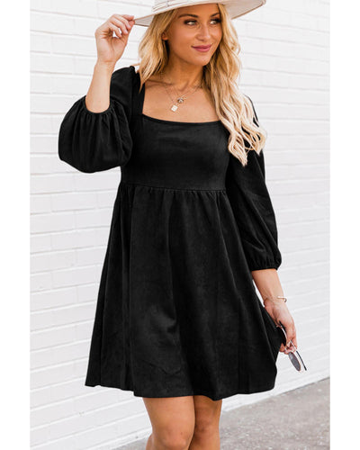 Black Suede Square Neck Puff Sleeve Dress - Large
