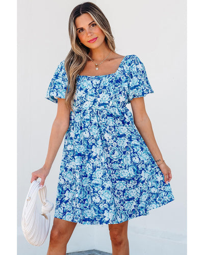 Blue Floral Puff Sleeve Babydoll Mini Dress - Large