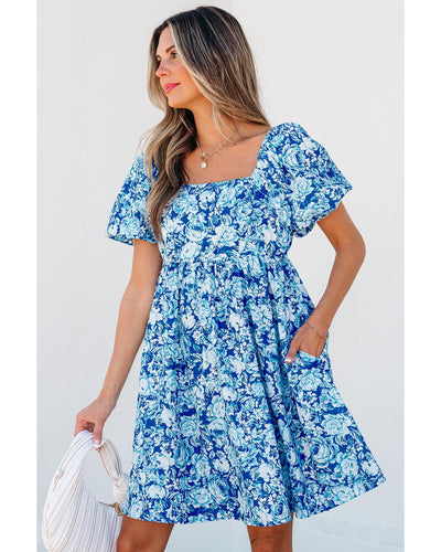 Blue Floral Puff Sleeve Babydoll Mini Dress - Large