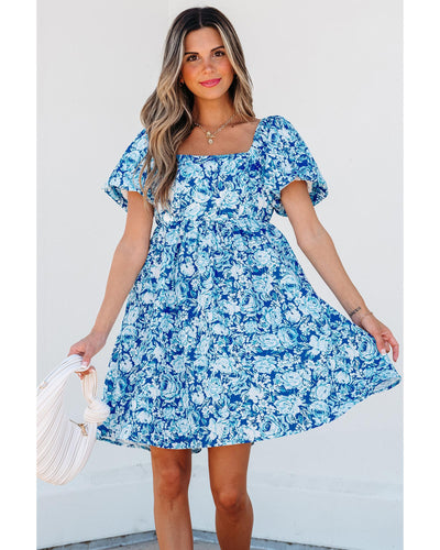 Blue Floral Puff Sleeve Babydoll Mini Dress - Large