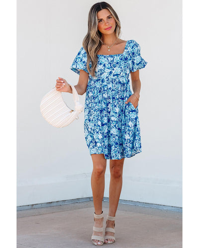 Blue Floral Puff Sleeve Babydoll Mini Dress - Large