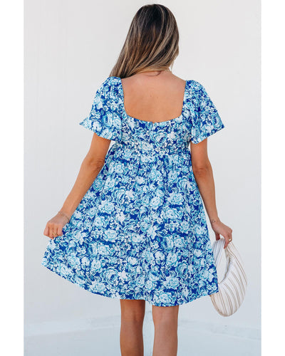 Blue Floral Puff Sleeve Babydoll Mini Dress - Large