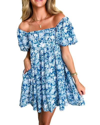 Blue Floral Puff Sleeve Babydoll Mini Dress - Large