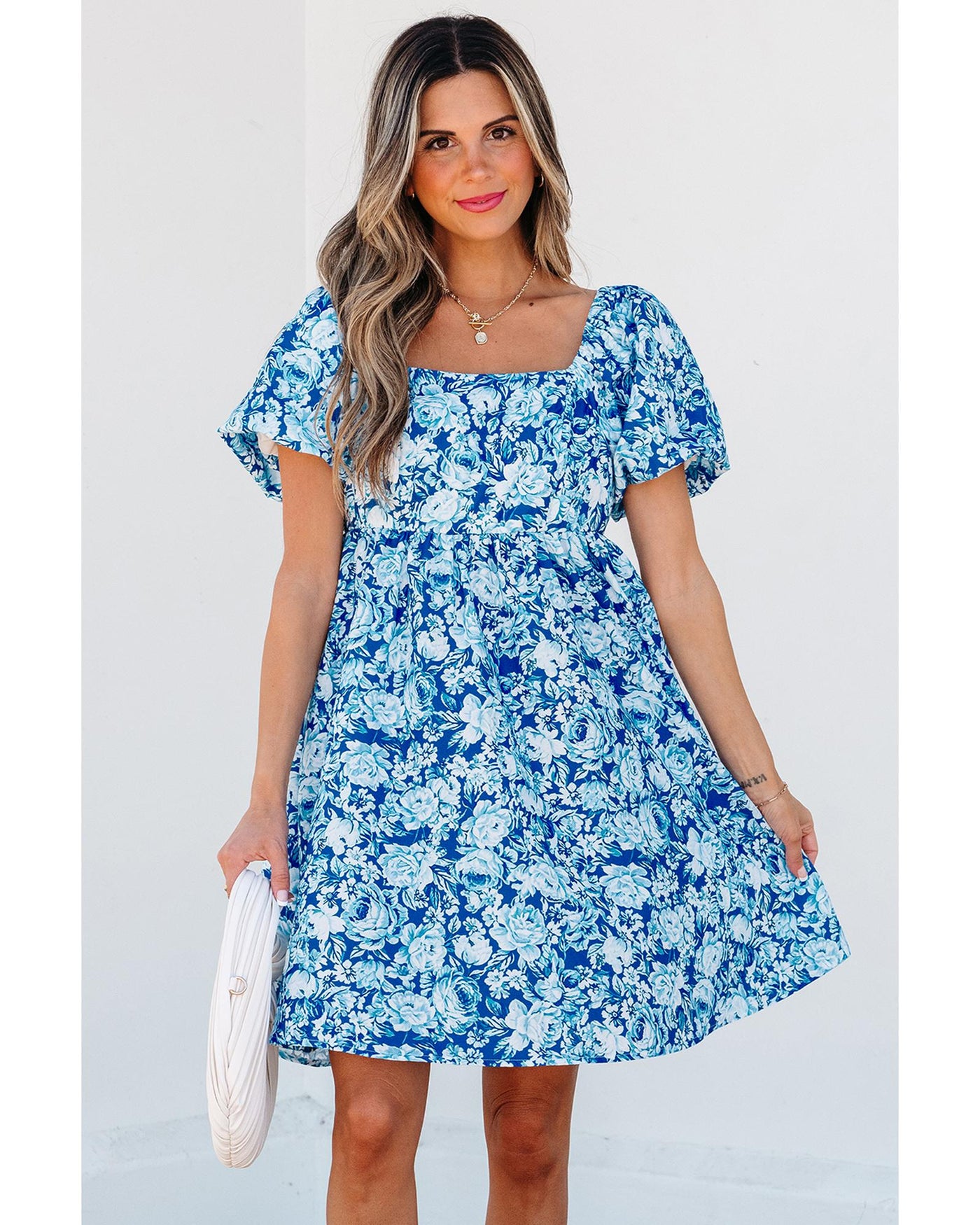 Blue Floral Puff Sleeve Babydoll Mini Dress - Large