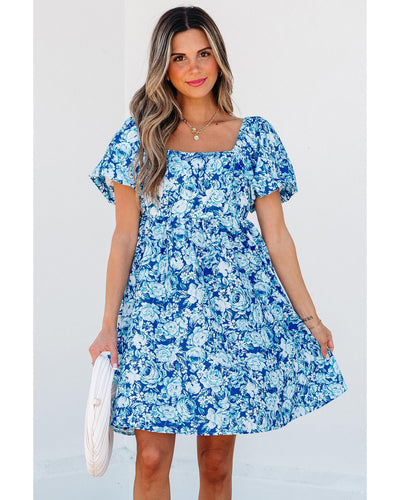 Blue Floral Puff Sleeve Babydoll Mini Dress - Large
