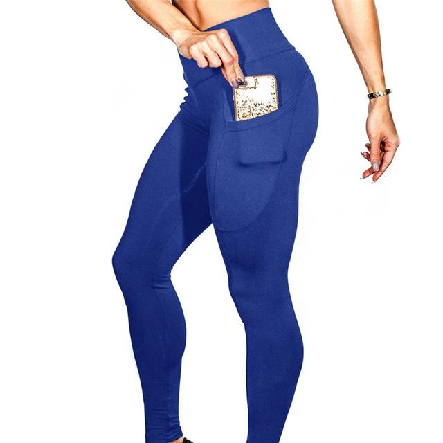 High Elastic Yoga Pants With Pockets For Women Stretch Leggings For Jogging Workout And Running Gym Tights For Women Size M - Blue