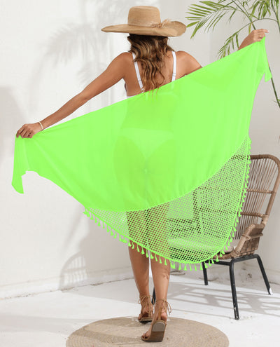 Fluorescent green Women's Mesh Detail Beach Wrap - Tassel Trim Swim Cover-Up 95x195cm