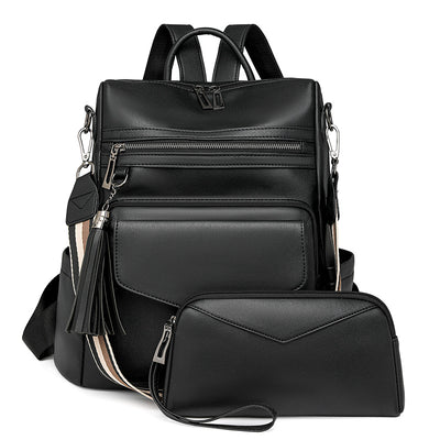 Black Fashionable Women's Backpack Set - With Coin Purse and Tassels