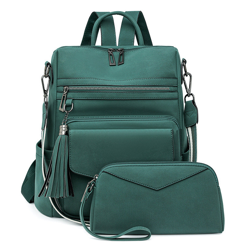 Green Fashionable Women's Backpack Set - With Coin Purse and Tassels