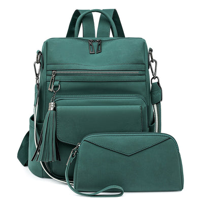 Green Fashionable Women's Backpack Set - With Coin Purse and Tassels